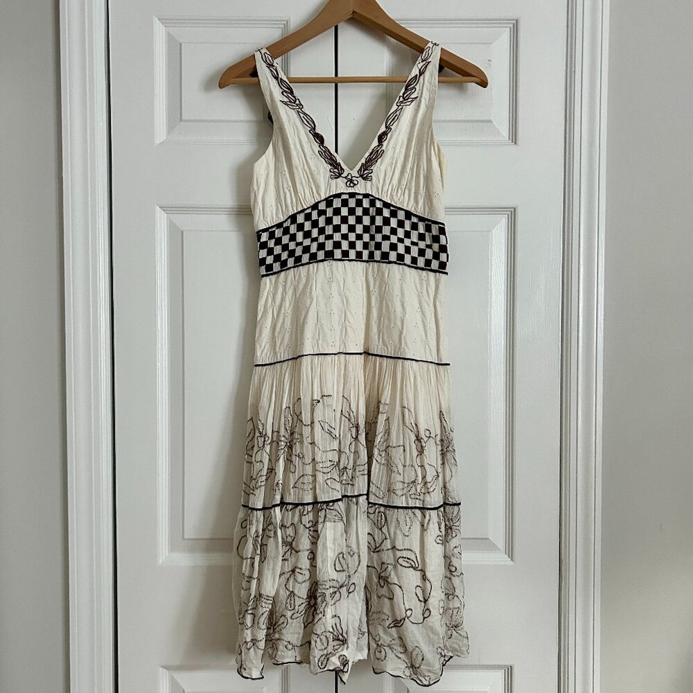 Adolfo Dominguez White Tiered Floral Embroidered Cotton Midi Dress